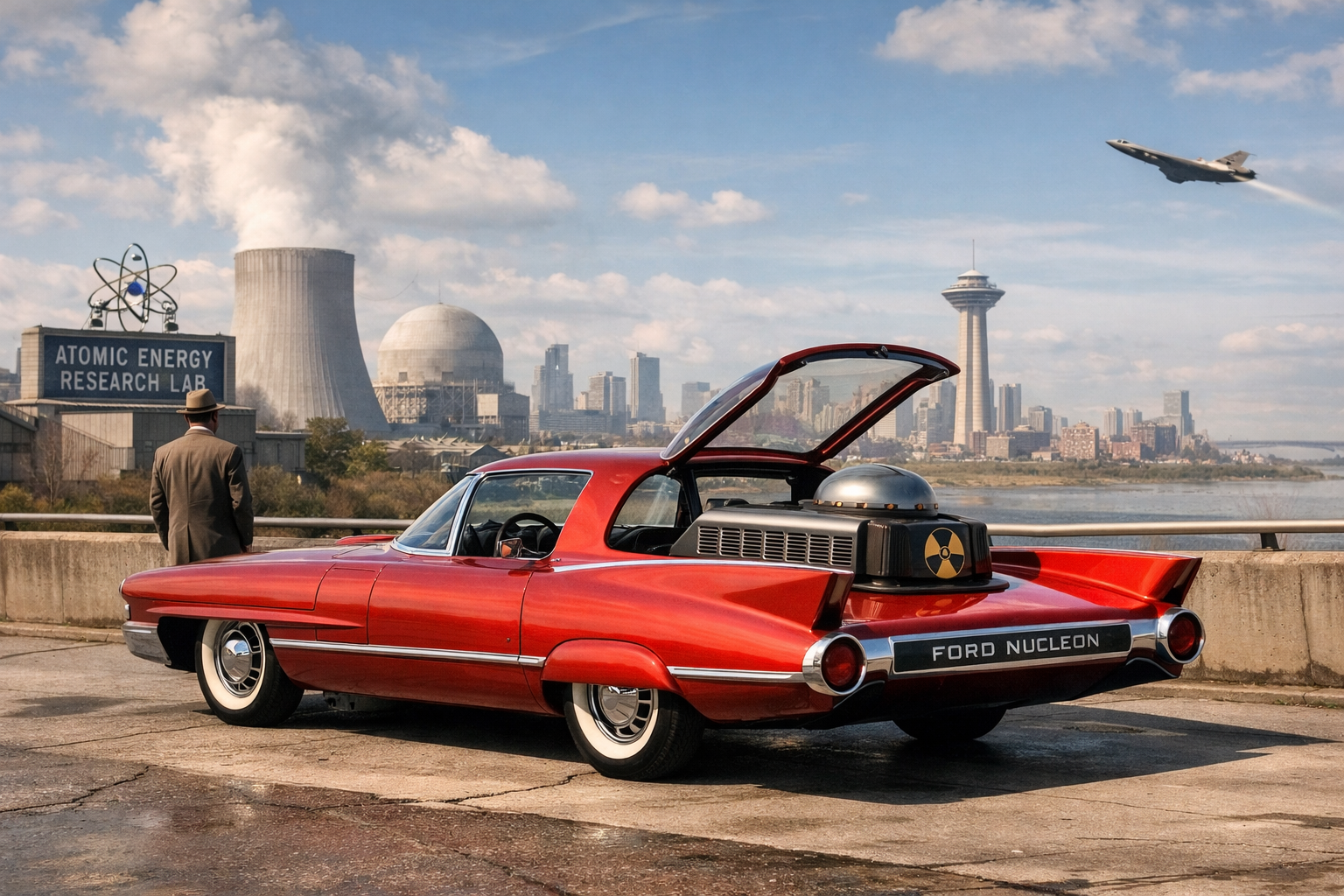 1950s nuclear-powered concept car inspired by Ford Nucleon near atomic research facility