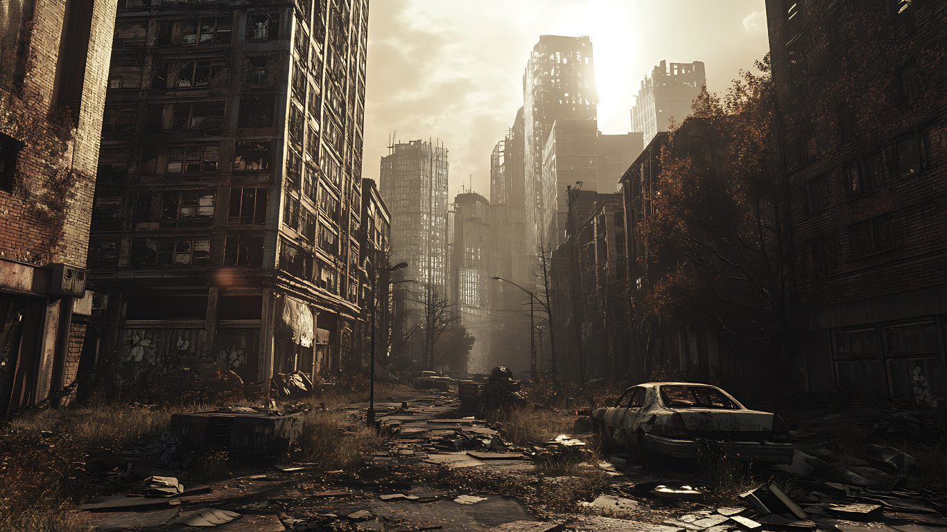 Abandoned city street with empty buildings and soft light in the distance
