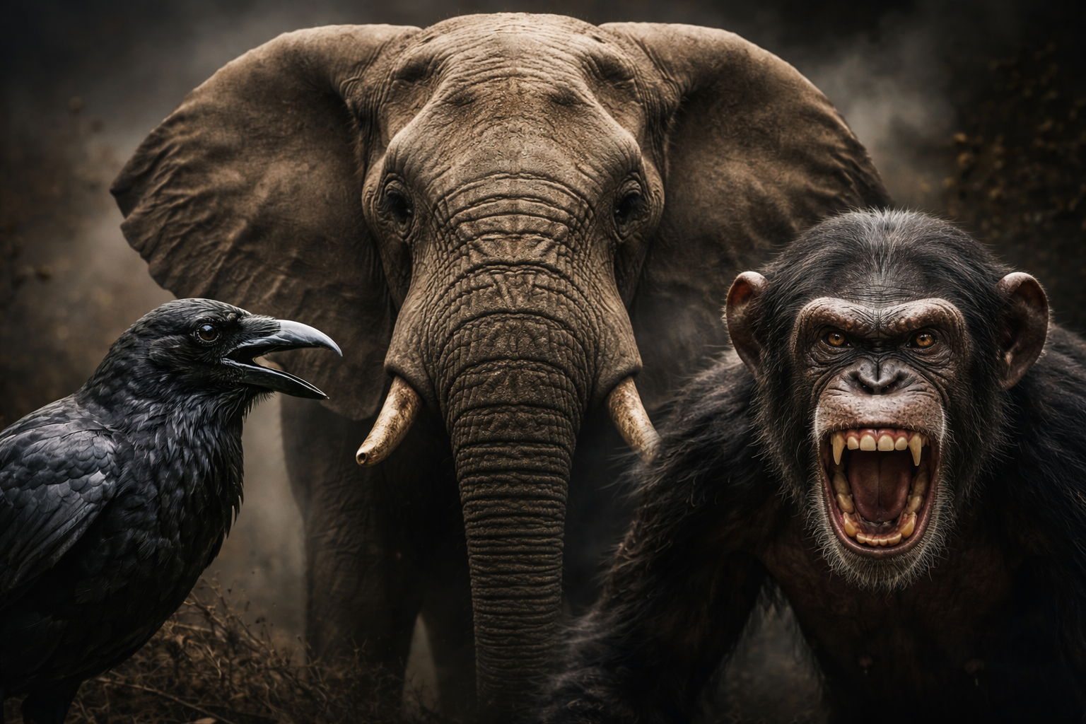Elephant, crow, and chimpanzee representing animals that take revenge