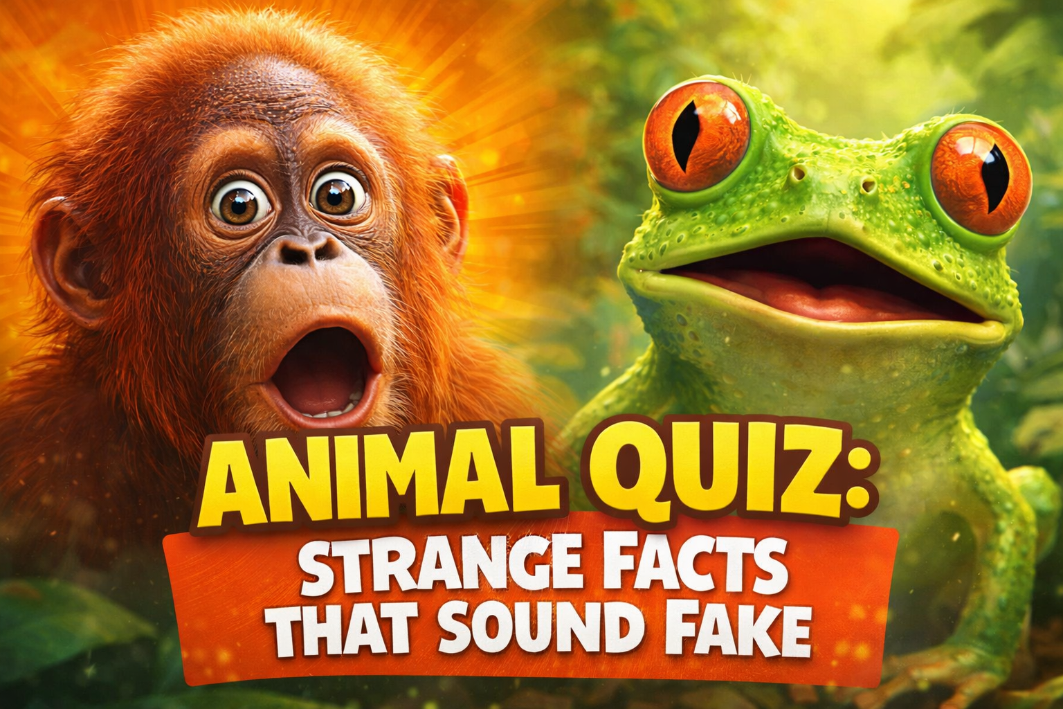 Animal quiz cover with surprised orangutan and frog illustrating strange animal facts