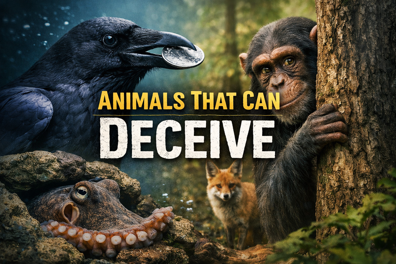 Crow, chimpanzee, fox, and octopus representing animals that can deceive