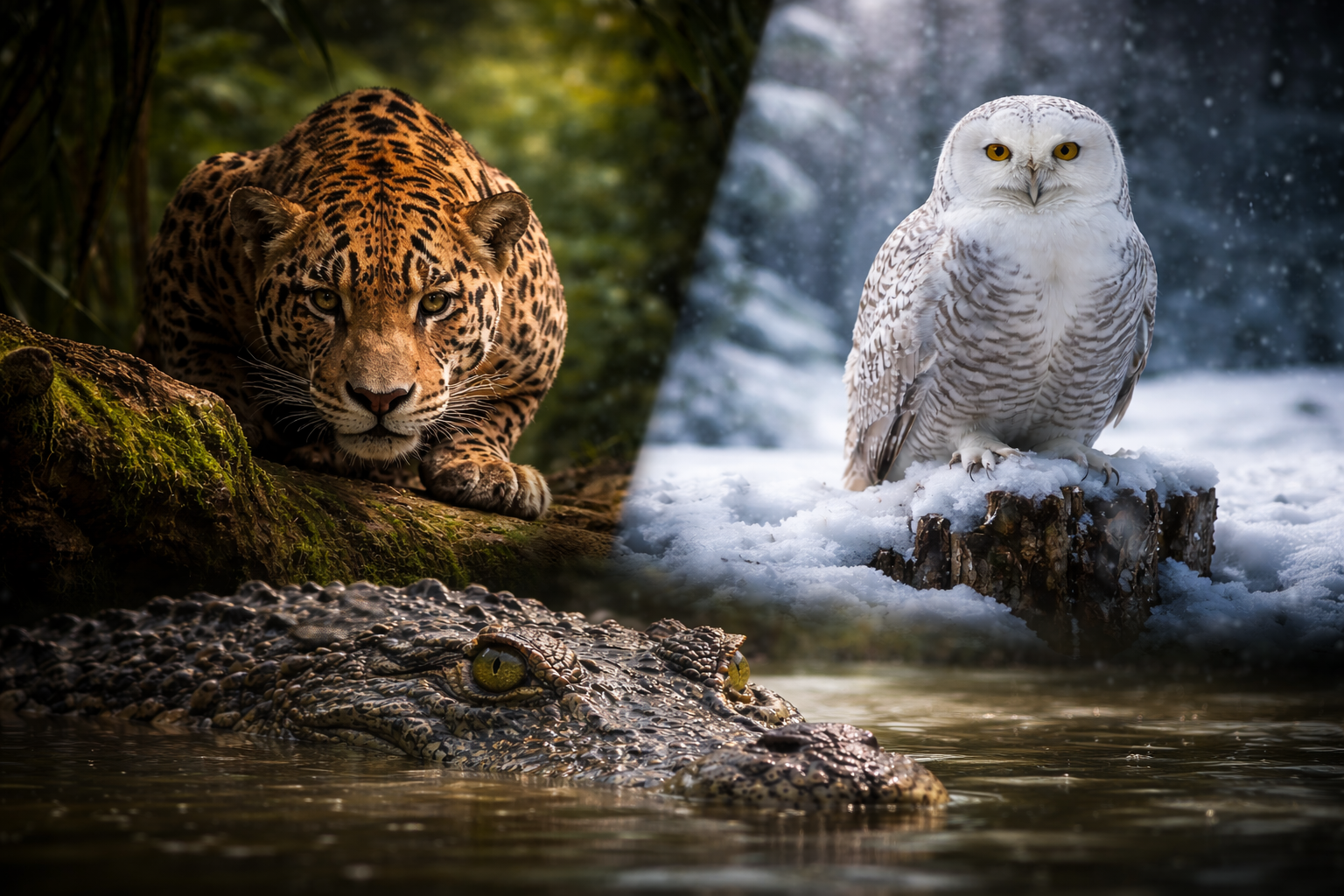 Crocodile, emperor penguin, and polar bear representing the most patient animals on the planet