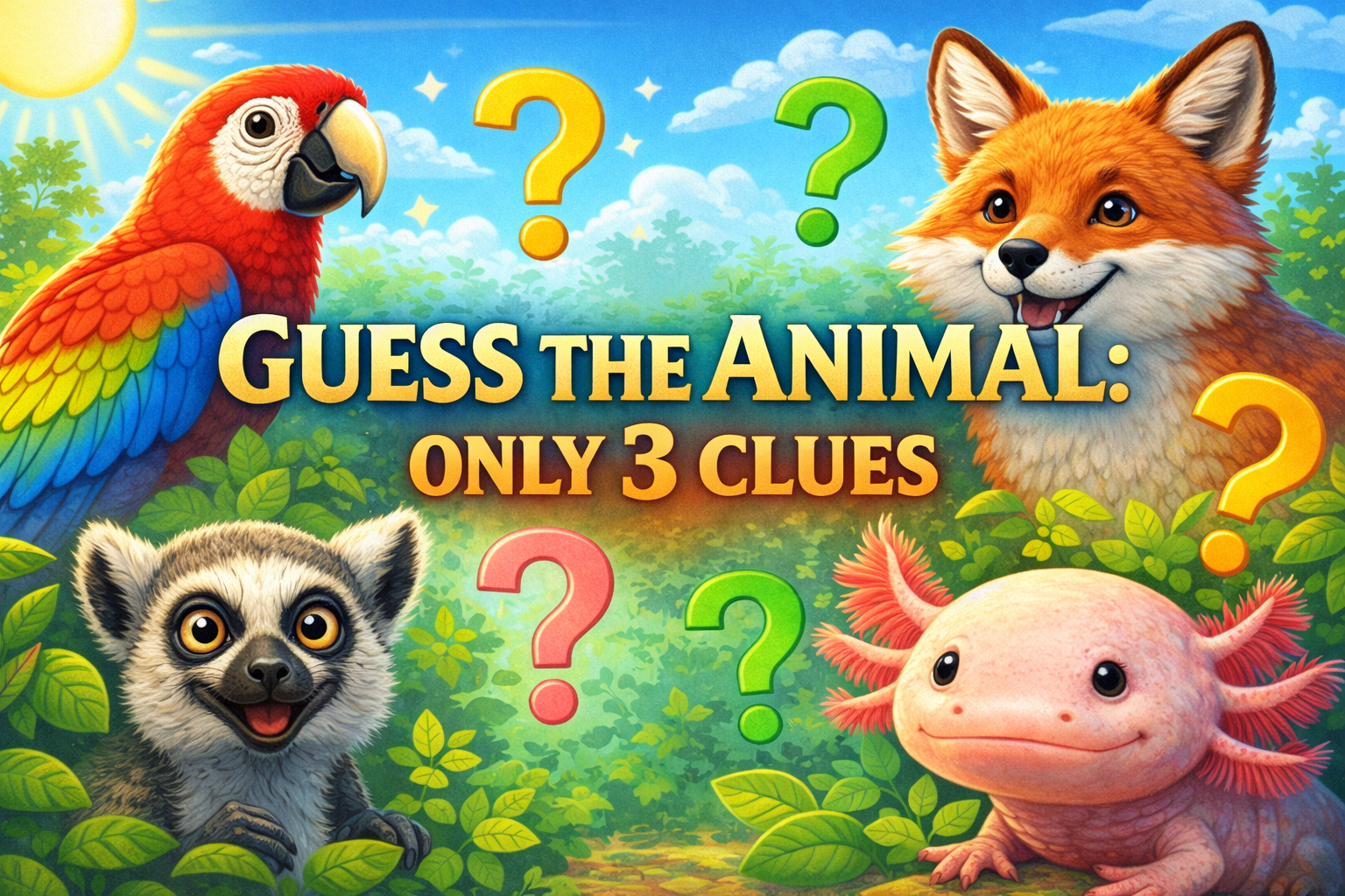 Guess the Animal quiz cover with mysterious animals and three clues challenge