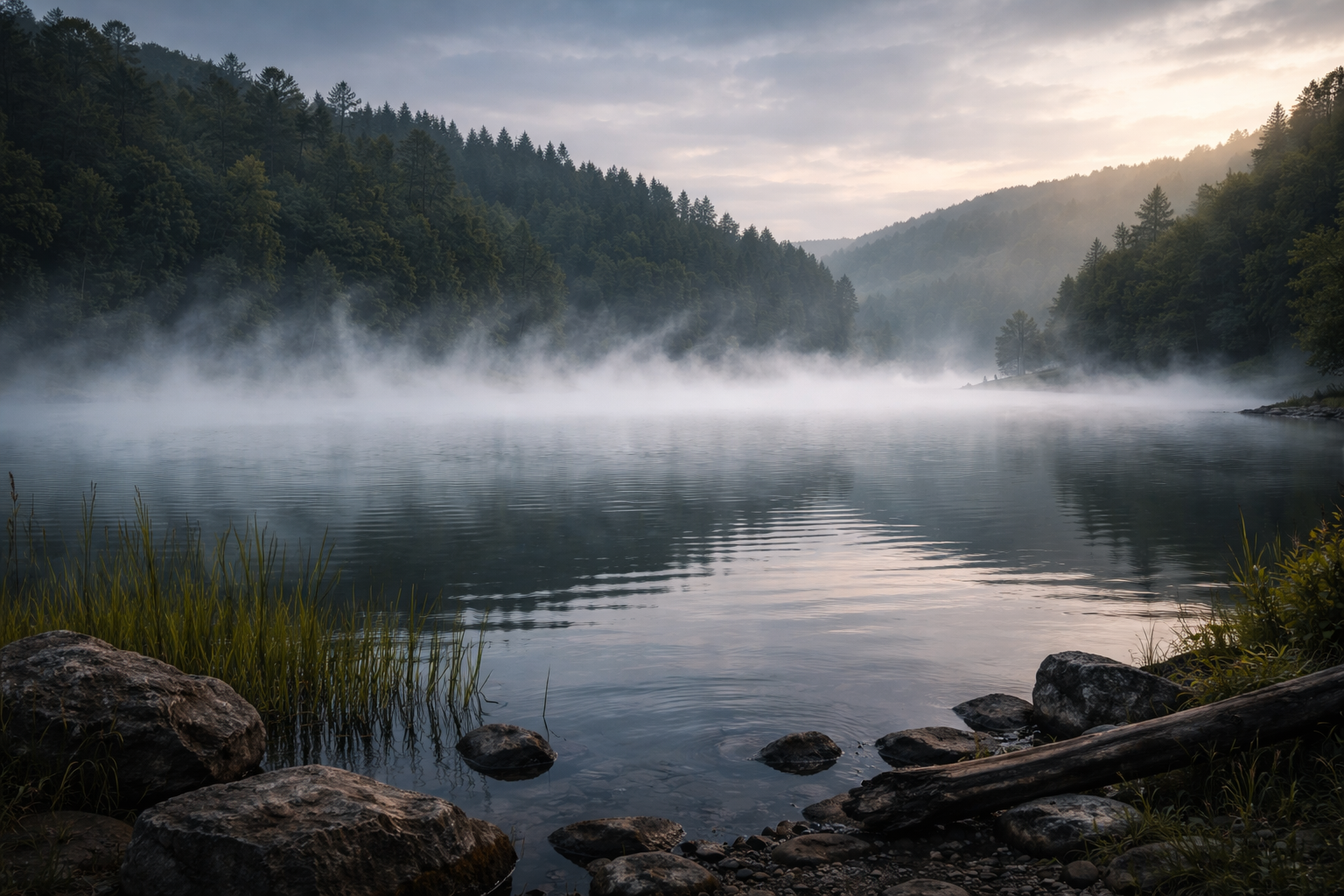 Calm lake with mist hiding dangerous gas release