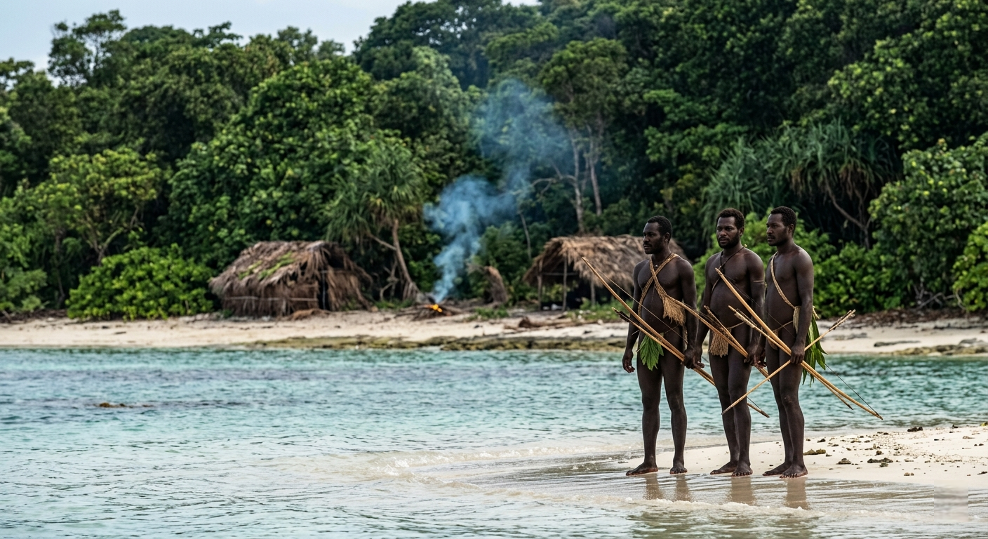 Sentinelese tribe standing on beach of North Sentinel Island with bows