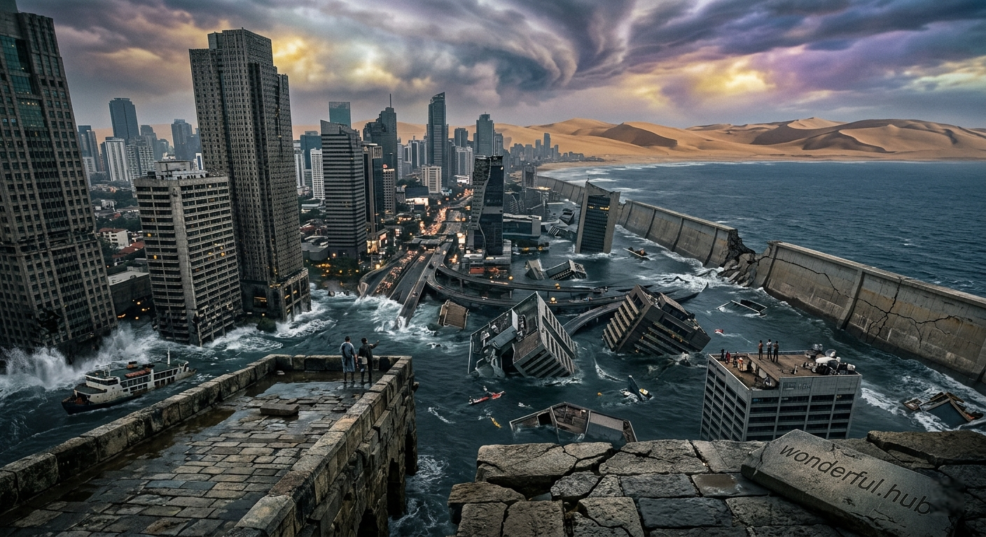 sinking megacity with flooded skyscrapers and broken sea wall