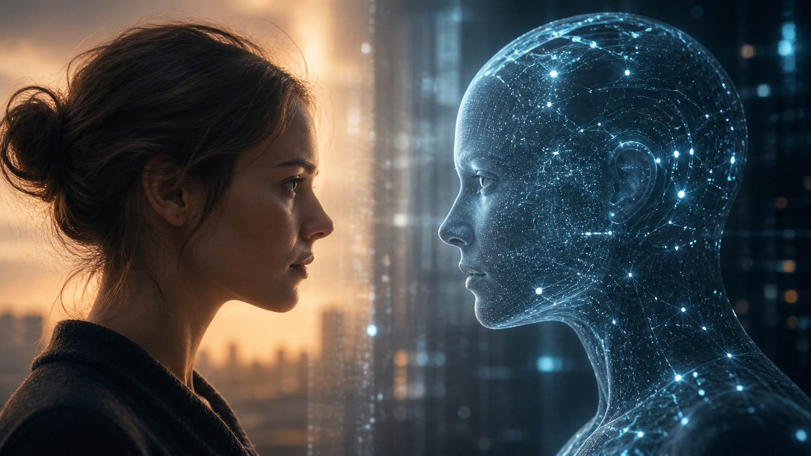 half human half artificial intelligence face digital transformation concept