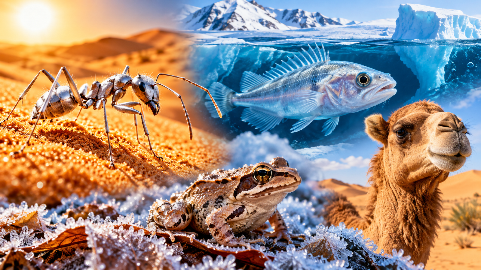 Animals that survive extreme temperatures, including a silver desert ant, Antarctic fish, wood frog and camel.