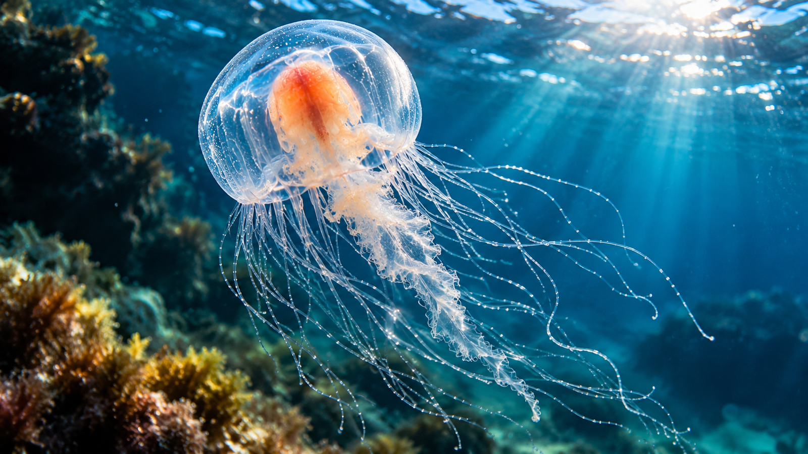 Translucent jellyfish floating in deep blue ocean water
