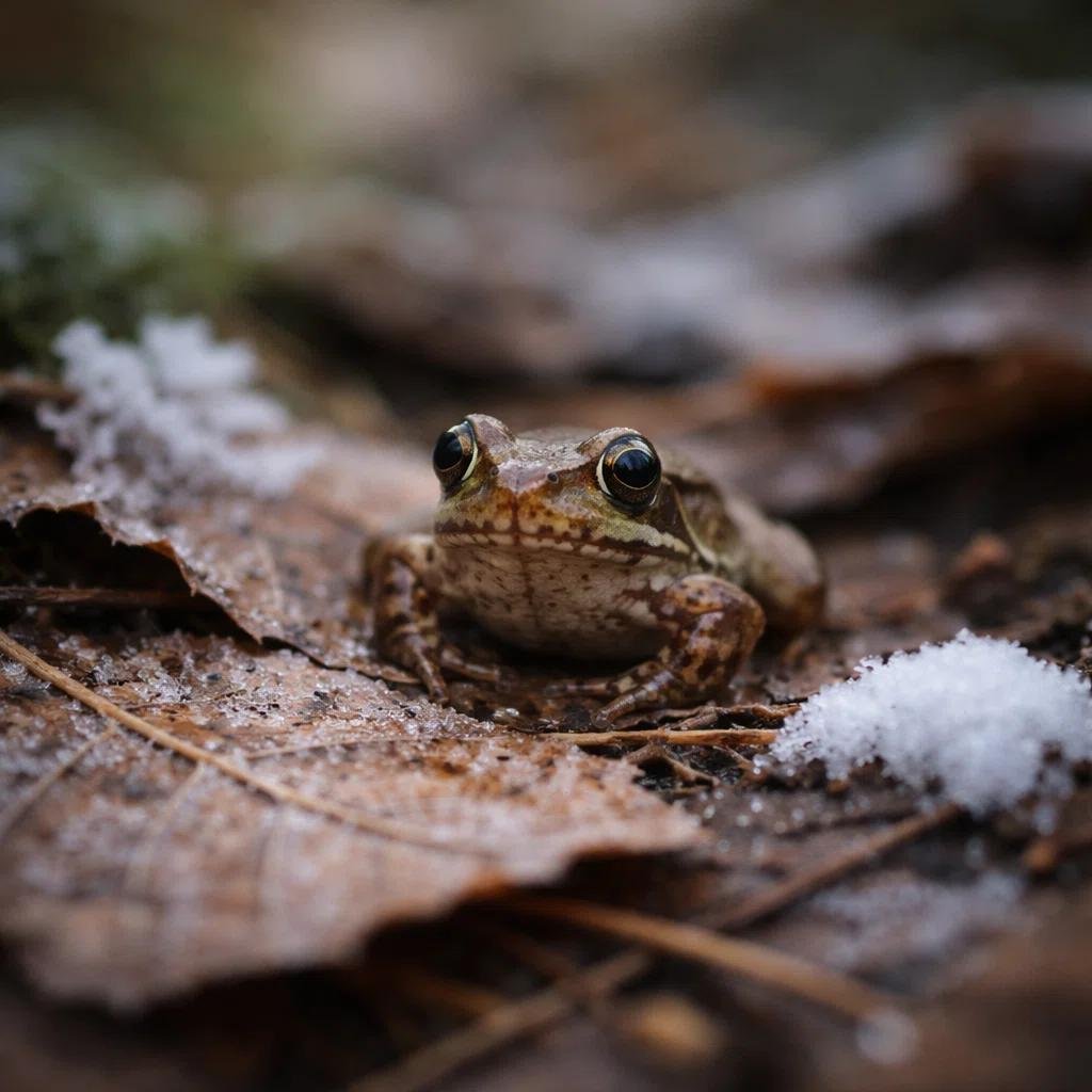 A wood frog resting on frost covered leaves in a winter forest, a species that can survive having much of its body frozen.