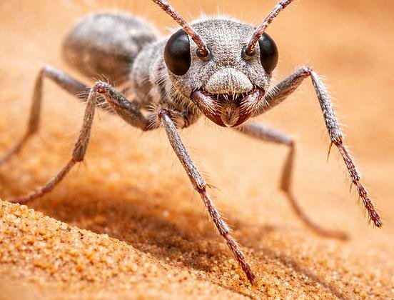 A silver Saharan ant beside a reflective surface, illustrating how natural heat resistant adaptations can inspire cooling technology.